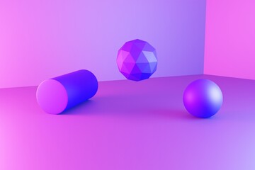 Various and abstract pink shapes and figures on a pink background. Abstract arrangement of figures, conceptual minimalism and abstraction. 3d render, 3d illustration.