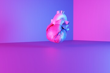 Pink heart on a pink background. Abstract arrangement and lighting of the heart. Concept of health and heart problems. 3d render, 3d illustration.