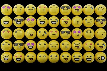 Set of different emoticons. Social media concept, using emoticons among internet users. Emoji in use. Various facial expressions and emoticons. International emoji day. 3D render, 3d Illustration.
