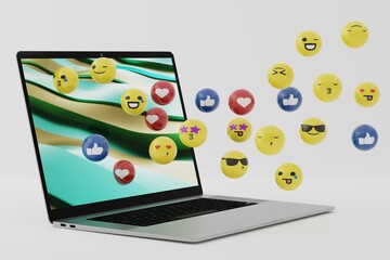 Emoticons coming out of the computer, laptop. Social media concept, using emoticons among internet users. Emoji in use. 