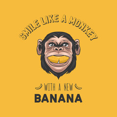 Smile Like a Monkey with a New Banana. Vector Smiling Chimpanzee Ape with Banana in His Mouth. Typography Quote Design. Funny Monkey Head for Wall Art, T-shirt Print, Poster. Cartoon Cute Chimp Monkey