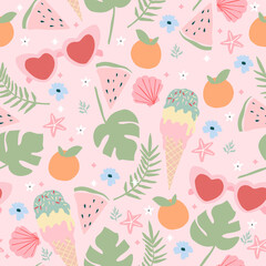 Cute summer seamless pattern. Background with ice cream, monster, watermelon and seashells.