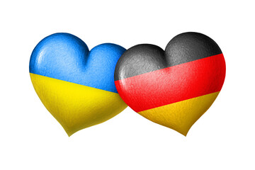 Flags of Ukraine and Germany. Two hearts in the colors of the flags isolated on a white background. Protection, solidarity and help.