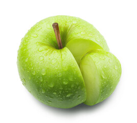 Apple isolated. Ripe fresh green apple in water drops on a white background.