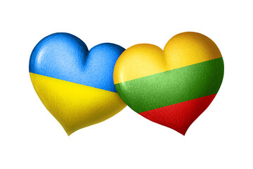 Flags of Ukraine and Lithuania. Two hearts in the colors of the flags isolated on a white background. Protection, solidarity and help.