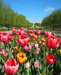 Obraz premium colorful tulips in teh sunny day in the park with blue sky