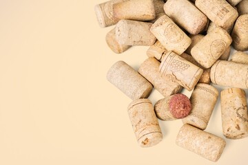 Classic wine corks from white and red wine on pastel color background