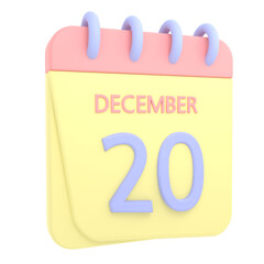 20th December 3D calendar icon. Web style. High resolution image. White background