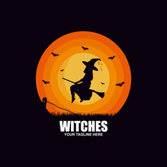 Silhouette witch flying on broom. Halloween symbol.