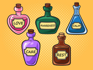 Medicine bottles with love calm rest care and awareness pop art retro vector illustration. Psychological drugs metaphor. Comic book style imitation.