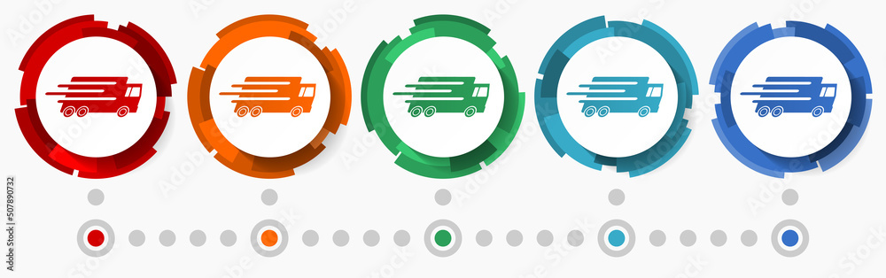 Aufkleber Fast delivery concept vector icon set, modern design abstract web buttons in 5 color options, infographic template for webdesign and mobile apps