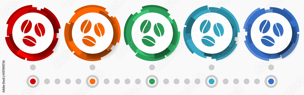 Aufkleber Coffee beans concept vector icon set, modern design abstract web buttons in 5 color options, infographic template for webdesign and mobile apps
