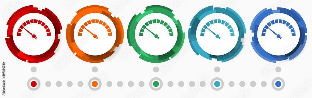 Poster Speed meter concept vector icon set, modern design abstract web buttons in 5 color options, infographic template for webdesign and mobile apps