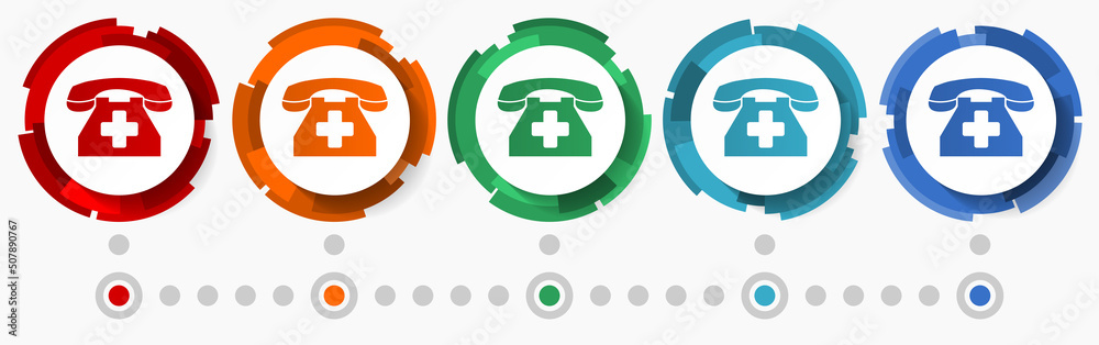 Poster Emergency call, phone concept vector icon set, modern design abstract web buttons in 5 color options, infographic template for webdesign and mobile apps