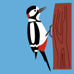 Vector illustration of a woodpecker on a tree in a flat style, isolated on a blue background.