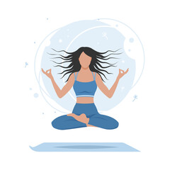Woman meditating in lotus position. Concept for yoga, relax, recreation, meditation, healthy lifestyle. Vector illustration in flat style