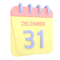 31st December 3D calendar icon. Web style. High resolution image. White background
