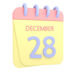 28th December 3D calendar icon. Web style. High resolution image. White background