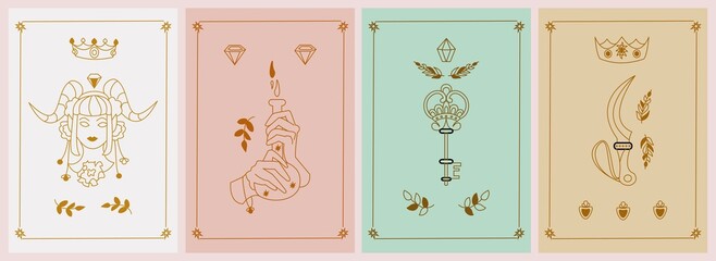 Set of mystical posters with inspirational quotes about energy and magic. Girl with horns, poison, key, crown, hands, moon, druid sickle, diamond. Minimal trendy boho style. Outline illustration.