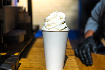 close up of delicious vanillia coffee latte, food concept