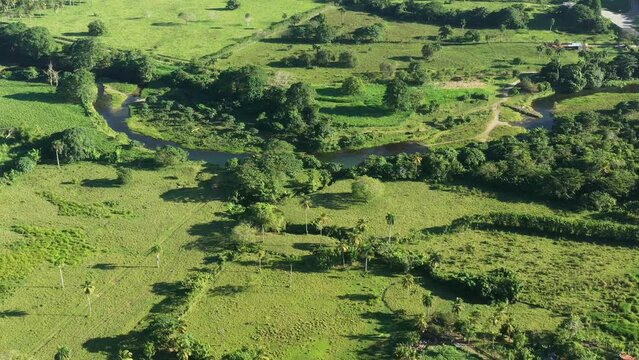Bridge above Maimon river at Nisibon eco park on way from Higuey to Miches. Dominican Republic. Aerial top view