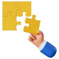 3d render, cartoon character hand and puzzle game, problem and solution concept, icon isolated on white background