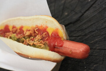Hot dog with mustard and onion