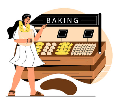 .Choosing Food In Grocery Store. Woman Stands Next To Shelves In Baking Department And Buys Fresh Bread. Consumer Chooses Products In Supermarket. Cartoon Flat Vector Illustration In Doodle Style