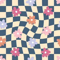 Fototapeta na wymiar Retro seamless pattern with simple flowers in 1970s style. Groovy background for T-shirt, poster, card and print. Doodle vector illustration for decor and design.