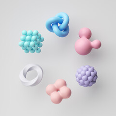 3d render, abstract geometric shapes isolated on white background, pink blue violet pastel assorted elements levitating