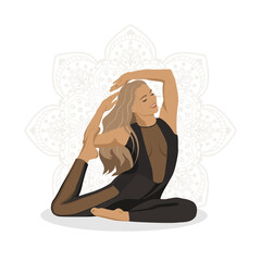 girl doing yoga in a black suit flat style