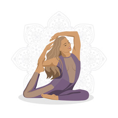 girl doing yoga in a violet suit flat style