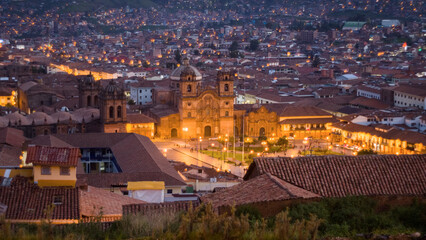 Main plaza of cusco and cathedral during evening - Peru - obrazy, fototapety, plakaty
