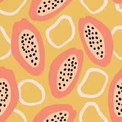 Meubelstickers Floral seamless pattern. Sliced papaya fruit and abstract organic circles, round shapes.and Yellow background. Summer textile, fabric food design. Tropical hand drawn vector background illustration. © tabitazn