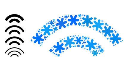 Obraz premium Mosaic WiFi waves icon is done for winter, New Year, Christmas. WiFi waves icon mosaic is done from light blue snowflakes. Some bonus icons are added.
