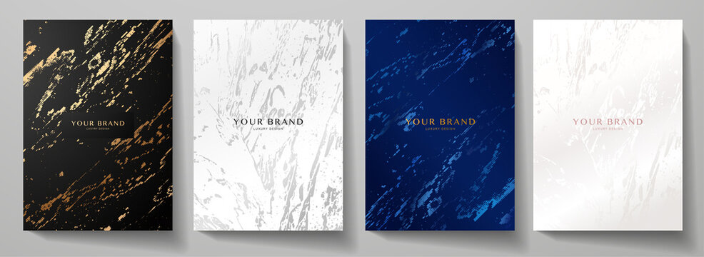 Modern elegant cover design set. Luxury fashionable background with abstract digital marble pattern in gold, black, blue, silver color. Elite premium vector template for menu, brochure, flyer layout