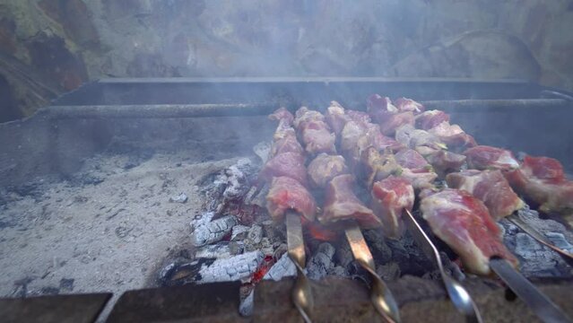 Pickled kebab is cooked on grill on coals. Barbecue is popular in Eastern Europe. Mouth-watering pieces of marinated meat strung on skewers cooked with charcoal grills in fragrant hot smoke. Close-up