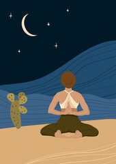 Yoga poster. Woman doing yoga in the night desert. Faceless style.  Healthy lifestyle. Meditation.