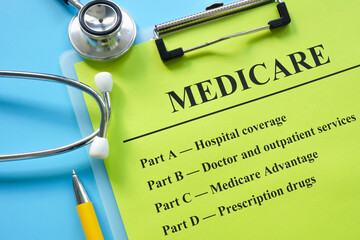 Papers about types of medicare insurance and stethoscope.