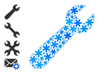Mosaic wrench pictogram is designed for winter, New Year, Christmas. Wrench icon mosaic is constructed from light blue snow icons. Some bonus icons are added.