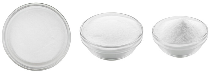 Soda in a glass bowl. Soda, flour, salt or sugar in a glass container. Three different angles of a plate with soda, flour, salt or sugar on a white background.