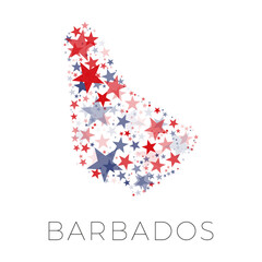 Fototapeta premium Map of BARBADOS country filled with red and blue stars with random sizes and opacity on a white background. Abstract travel concept sign