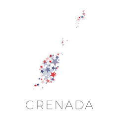 Map of GRENADA country filled with red and blue stars with random sizes and opacity on a white background. Abstract travel concept sign
