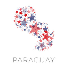 Map of Paraguay country filled with red and blue stars with random sizes and opacity on a white background. Abstract travel concept sign
