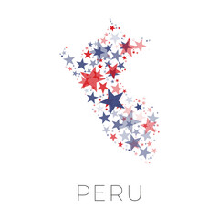 Map of Peru country filled with red and blue stars with random sizes and opacity on a white background. Abstract travel concept sign