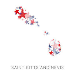 Map of Saint Kitts and Nevis country filled with red and blue stars with random sizes and opacity on a white background. Abstract travel concept sign
