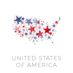 Obraz na płótnie Canvas Map of United States country filled with red and blue stars with random sizes and opacity on a white background. Abstract travel concept sign