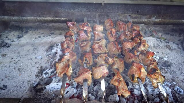 Pickled kebab is cooked on grill on coals. Barbecue is popular in Eastern Europe. Mouth-watering pieces of marinated meat strung on skewers cooked with charcoal grills in fragrant hot smoke. Close-up