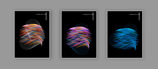 Bright multi-colored neon lines on a black background. Background line art patterns. Vector template brochures, flyers, presentations, leaflet, magazine a4 size