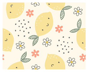 Seamless lemon vector, cute lemon face with flower,
Lemon with cute face, Lemon vector